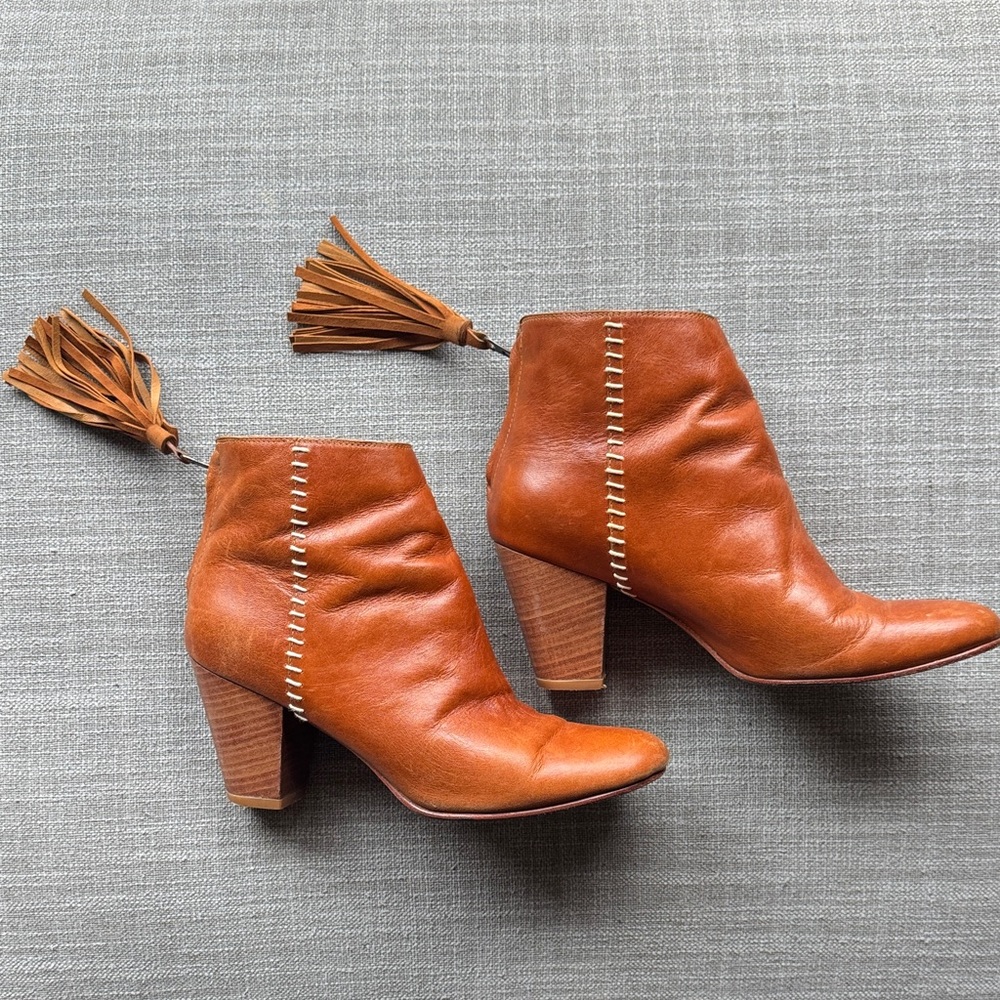 ULLA JOHNSON BOOTS. Caramel leather with tassels on zipper. Size 38 (US 8)